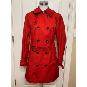 Michael Kors Red Button-Up Hooded Belted Trench Coat, Size Large